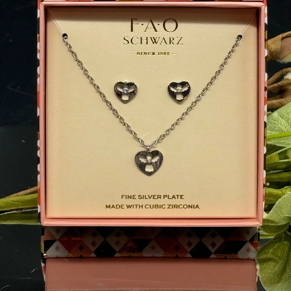 FAO Schwarz Fine Silver Plate Angel Earring Necklace Set